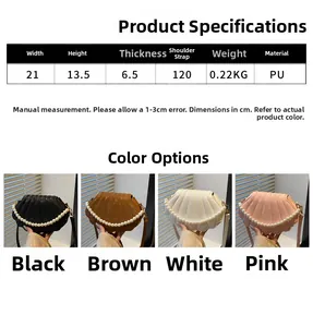 Detailed size chart and multi-color view of stylish shell bag with pearl chain strap