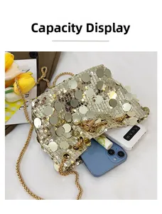Top view of gold sequin bucket bag showing capacity for phone, power bank and lipstick