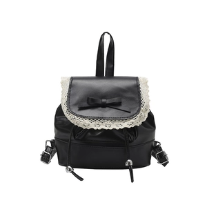 Elegant black PU leather ballet style backpack with white lace trim and bow accent