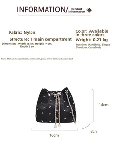 Detailed size specifications for the mini nylon bucket bag with pearl chain straps
