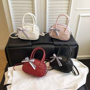Women Bowling Handbag PU Leather Bowknot Decor Crossbody Bag Adjustable Strap Zipper Small Casual Shoulder Satchel