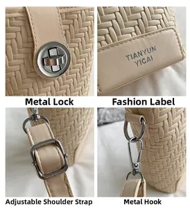 Detailed views of silver metal buckles and woven texture on a beige shoulder bag