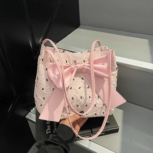 Pink bow-knot shoulder bag with floral embroidery and large ribbon detail for women