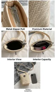 Detail view of beige woven bucket bag showing metal lock, zipper and interior storage