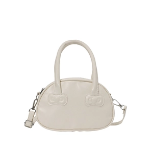 Minimalist off-white bowling handbag for women with bow details and adjustable strap
