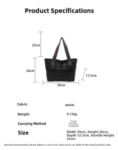 Detailed sizing chart and dimensions for the quilted down tote bag with ethnic strap