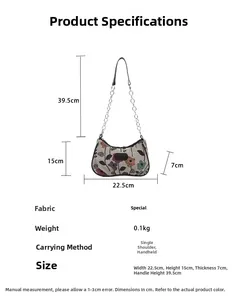 Spécifications de taille du sac à bandoulière en tapisserie florale avec ses dimensions