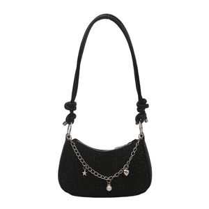 Sac à épaule noir scintillant pour femme avec breloques étoiles et cœurs argentés