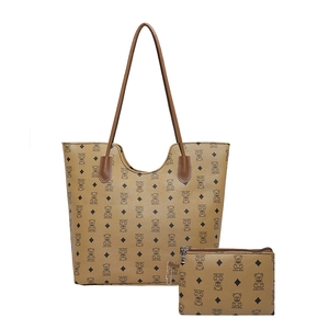 Brown vintage faux leather tote bag set with bear print and Honne Bear branding