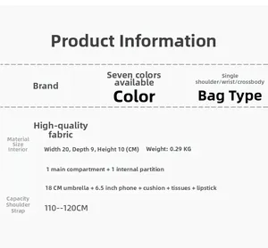 Size chart showing 20x9x10cm dimensions and capacity for 18cm umbrella and 6.5 inch phone