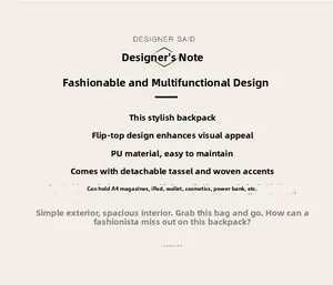 Detail showing high-capacity PU leather backpack specs with tassel and woven accents