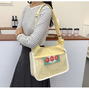 Détail du sac messager jaune avec poche transparente et cartes décoratives à fleurs
