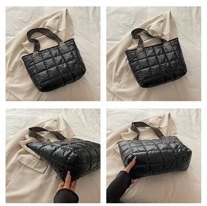 Detailed views of a black quilted tote bag with a colorful woven ethnic shoulder strap