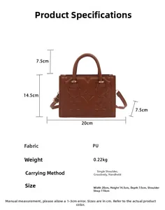 Detail showing dimensions 20x14.5x7.5cm of the brown embossed crossbody handbag