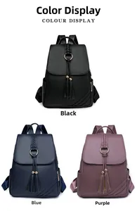 Detailed comparison of PU leather backpacks in black, deep blue, and purple with tassels