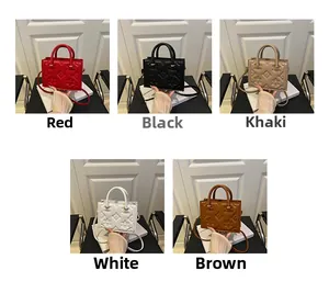Detail view of quilted floral embossed crossbody bags in red, black, khaki, white, and brown