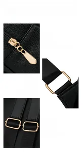 Detail of gold-plated hardware and lychee pattern texture on a black PU travel backpack