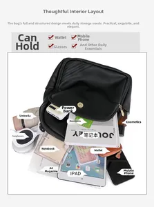 Large capacity black PU leather backpack showing organized storage for iPad and A4 items