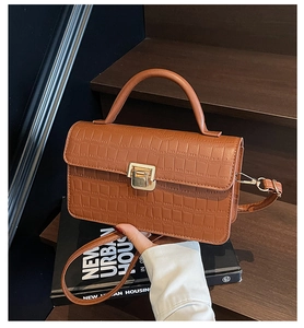 Detail of vintage brown crocodile embossed small square bag with golden buckle on stairs