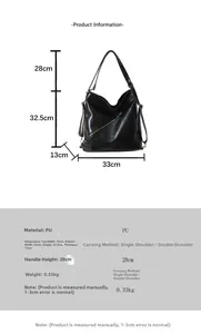 Detailed dimensions of the black PU leather tote bag with 33cm width and 32.5cm height