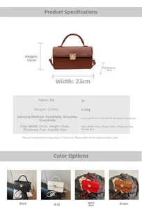 Detail view of crocodile pattern bag showing dimensions 23x13x7cm and color selection