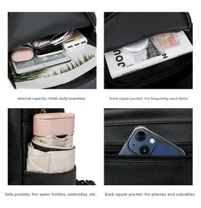 Detail view of large capacity black PU backpack with multi-pocket storage layout