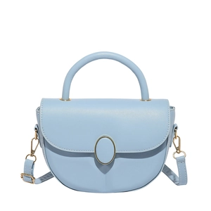 Light blue matte leather saddle bag with gold oval buckle and detachable shoulder strap