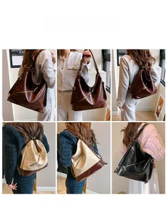 Three colors of large capacity retro tote bag shown in versatile carrying styles