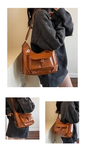Détails du sac fourre-tout en cuir marron caramel brillant avec poche avant à rabat et boucle