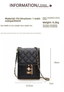 Black quilted mini crossbody bag with dimensions 12.5x18x7cm and gold chain strap