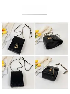 Detailed views of black quilted chain crossbody bag with golden metal hardware and lock