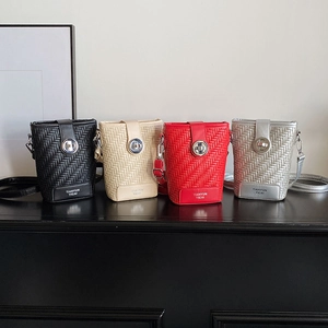 Chic woven bucket bag set in black, beige, red and silver with chain shoulder straps