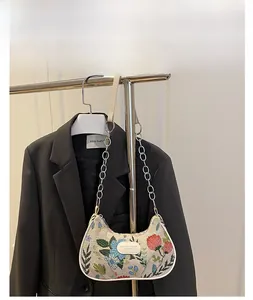 Détail de broderie florale sur un sac demi-lune blanc avec chaîne en argent et cuir