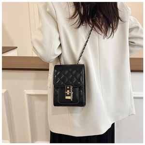 Detail of black quilted crossbody bag with gold chain strap and elegant clasp closure