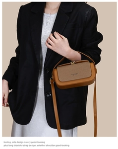Detail of a brown crossbody bag featuring woven fabric pattern and gold twist lock clasp