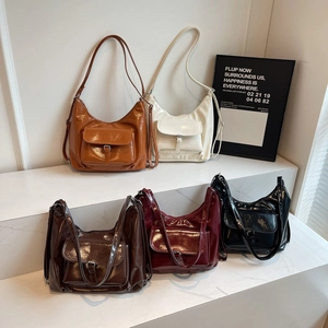 Sac À Bandoulière Pour Femme En Similicuir Brillant Sac À Main Hobo Tendance Avec Poche À Boucle Sac Fourre-Tout Décontracté