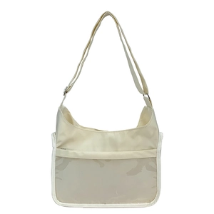 Sac messager en nylon beige avec bandoulière réglable et poche avant transparente