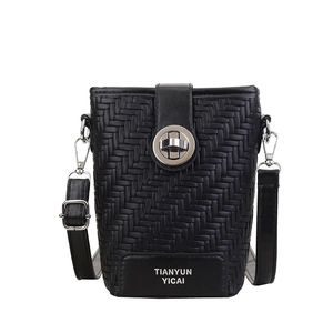 Silver chain woven bucket bag in black faux leather with metallic clasp closure