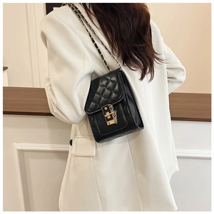 Detail of black quilted crossbody bag featuring gold clasp and leather chain strap