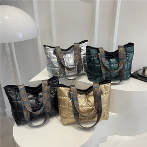 Women Fashion Quilted Padded Tote Bag Metallic Luster Large Capacity Shoulder Bag With Ethnic Print Wide Strap