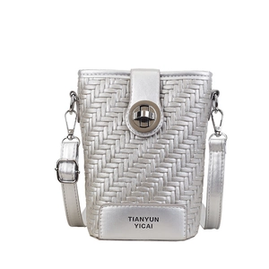Silver woven texture bucket bag with metal clasp and adjustable strap for women