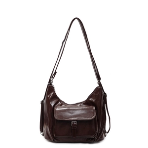 Sac cabas brillant marron foncé avec poche latérale à boucle et bandoulière réglable