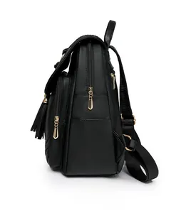 Side view of black PU leather backpack showing golden zippers and tassel detail