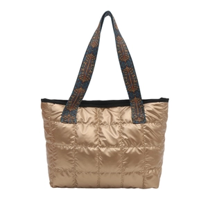 Sac cabas matelassé en nylon doré avec bandoulière aux motifs ethniques variés