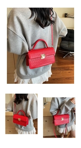 Detailed view of red stone-patterned square bag with golden buckle and sleek leather handle