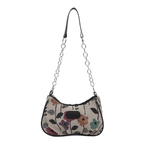 Sac sous le bras à motif floral avec chaîne argentée et texture tissée rétro