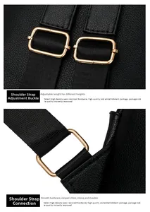 Close-up of black pebbled leather backpack showing golden buckles and adjustable strap
