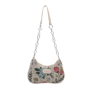 Vintage floral tapestry hobo bag with beige leather strap and silver chain details