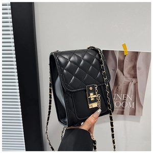 Detail of black quilted leather small square bag with gold metal buckle and chain strap