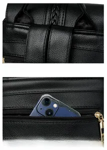 Detail of lychee pattern leather backpack with woven texture and anti-theft back pocket